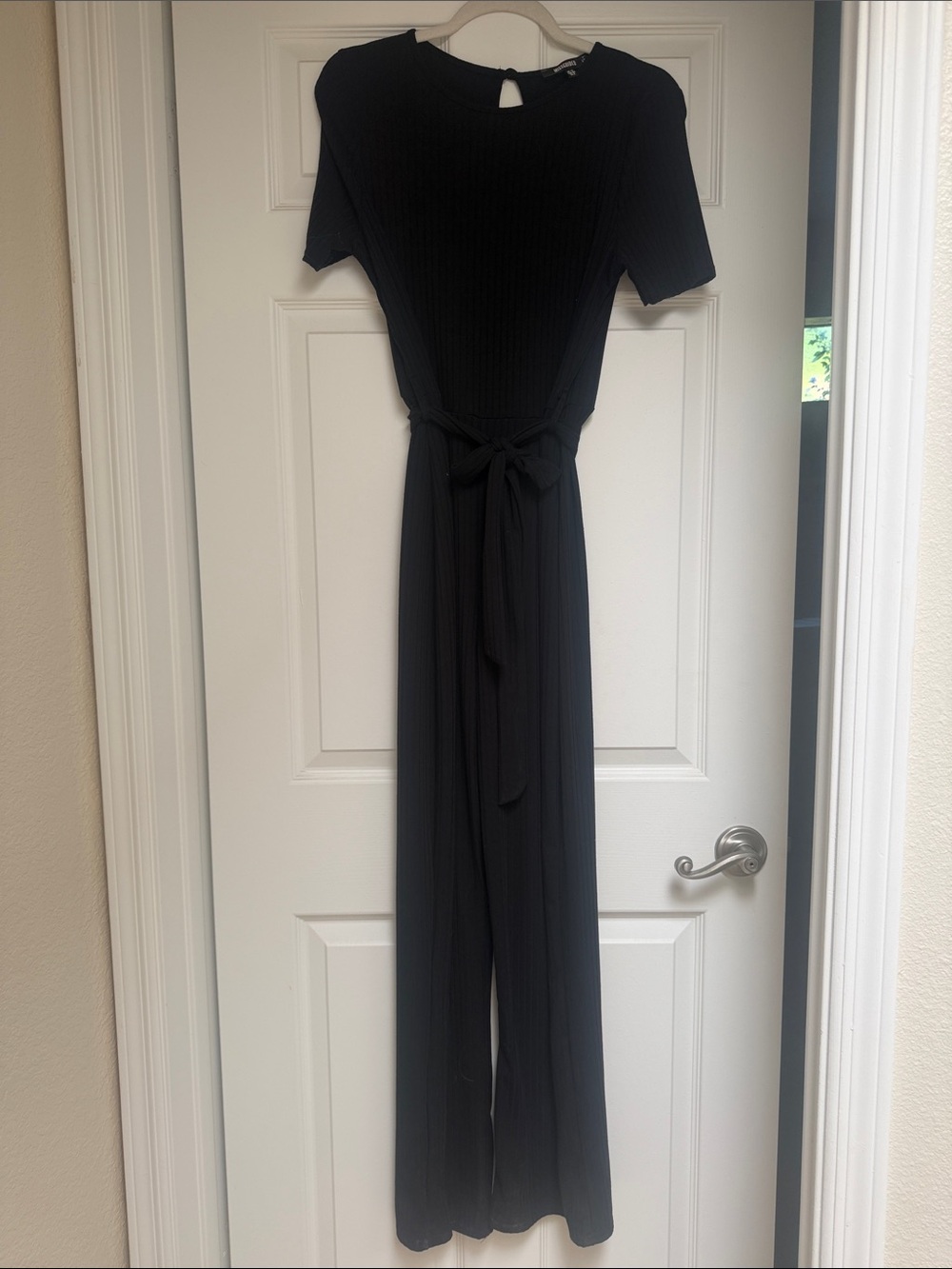 Missguided Black Short-Sleeve Ribbed Wide-Leg Jumpsuit with Waist Tie